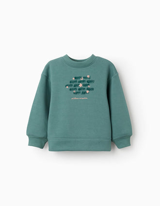 Sweat cardada com motivo de arte e natureza para menina, azul-esverdeado