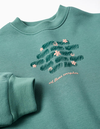 Sweat cardada com motivo de arte e natureza para menina, azul-esverdeado