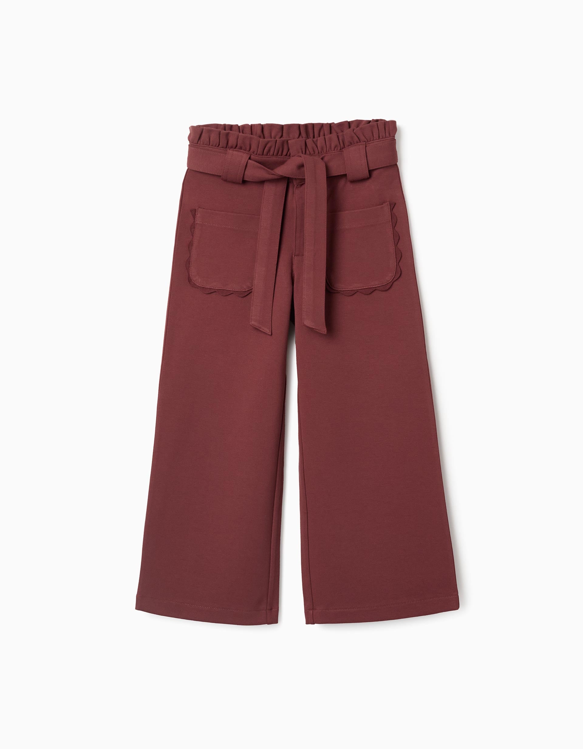 Pantalon à jambe large en point de Rome avec ceinture pour fille, marron