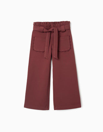 Pantalon à jambe large en point de Rome avec ceinture pour fille, marron