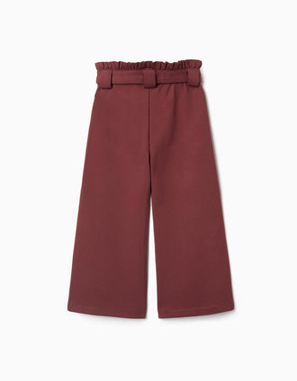 Pantalon à jambe large en point de Rome avec ceinture pour fille, marron