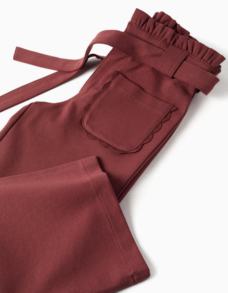 Pantalon à jambe large en point de Rome avec ceinture pour fille, marron
