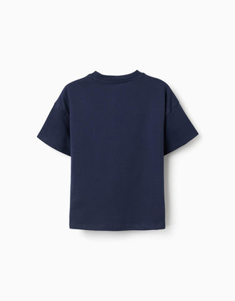 Cotton T-shirt with Minecraft prints for boys, navy blue