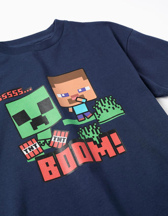 Cotton T-shirt with Minecraft prints for boys, navy blue