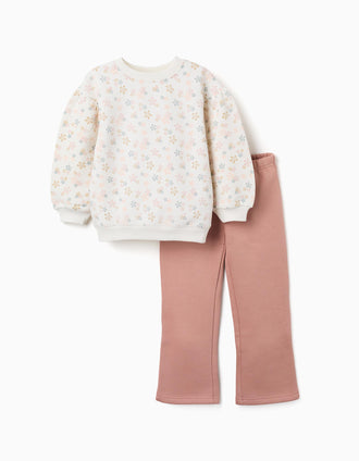 Fato de treino cardado com estampado floral para menina, branco/rosa