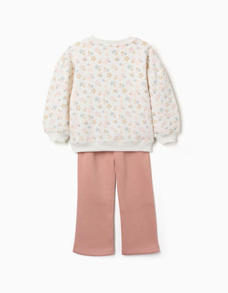 Fato de treino cardado com estampado floral para menina, branco/rosa