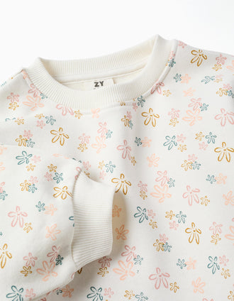 Fato de treino cardado com estampado floral para menina, branco/rosa
