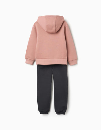 Brushed jogging set with flower print for girls, pink/dark grey