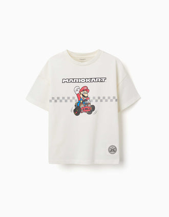 T-shirt de algodão com estampado Mario Kart para menino, branco