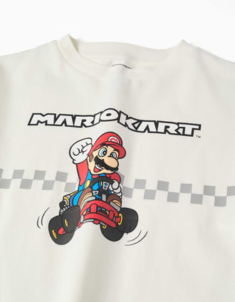 T-shirt de algodão com estampado Mario Kart para menino, branco