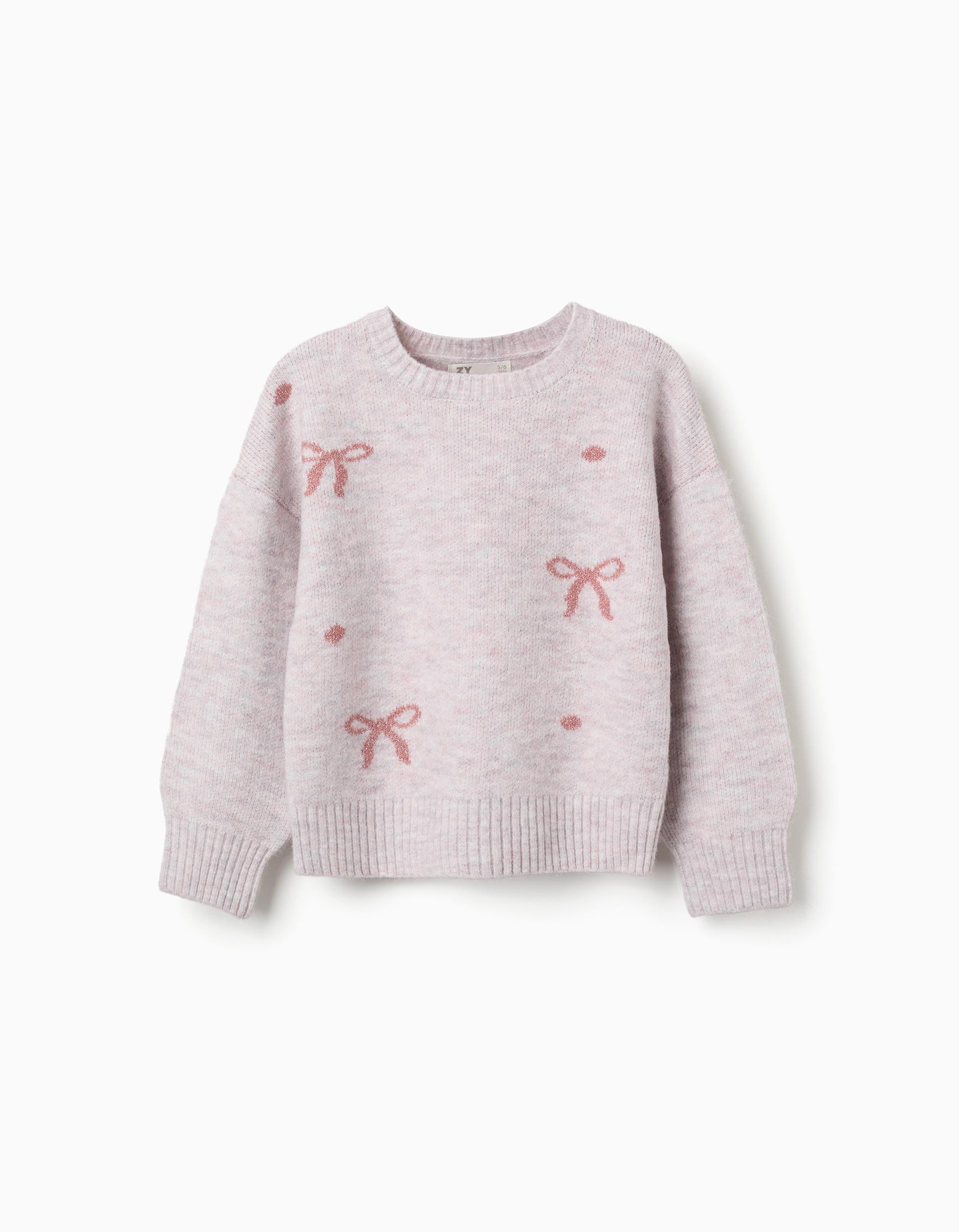 Knitted jumper with jacquard bows and dots for girls, light pink