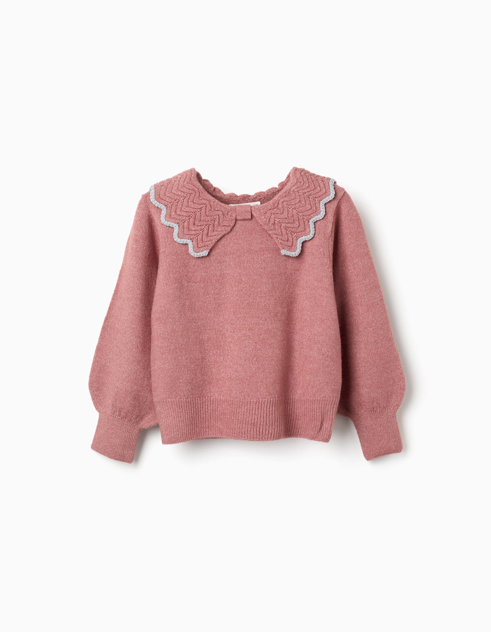 Knitted jumper with bow-shaped collar and lurex for girls, pink