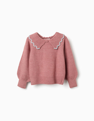 Knitted jumper with bow-shaped collar and lurex for girls, pink