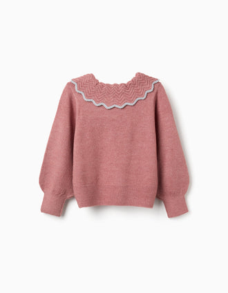 Knitted jumper with bow-shaped collar and lurex for girls, pink