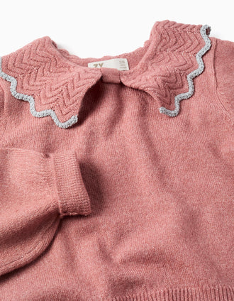 Knitted jumper with bow-shaped collar and lurex for girls, pink