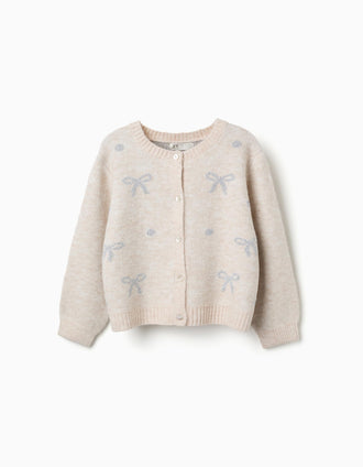 Knitted cardigan with jacquard bows and dots for girls, light beige