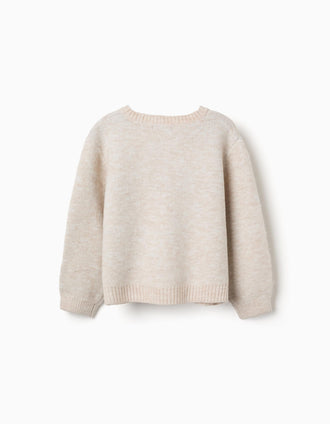 Knitted cardigan with jacquard bows and dots for girls, light beige