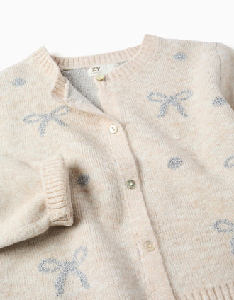 Knitted cardigan with jacquard bows and dots for girls, light beige