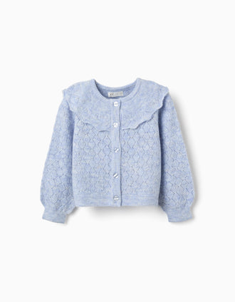 Openwork knit cardigan with maxi collar for girls, light blue