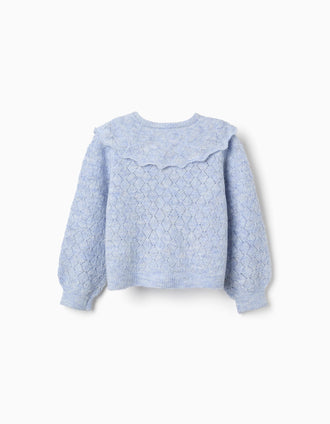 Openwork knit cardigan with maxi collar for girls, light blue