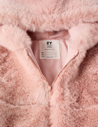Casaco de pelo com capuz e forro para menina, rosa
