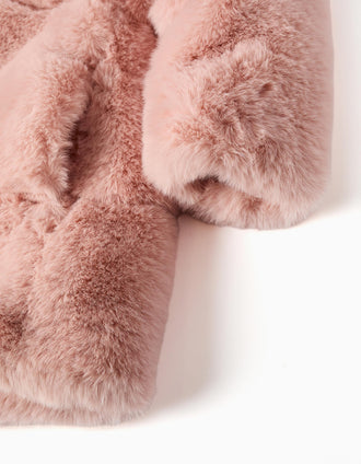 Casaco de pelo com capuz e forro para menina, rosa