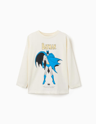 Long sleeve cotton T-shirt with Batman print for boys, white