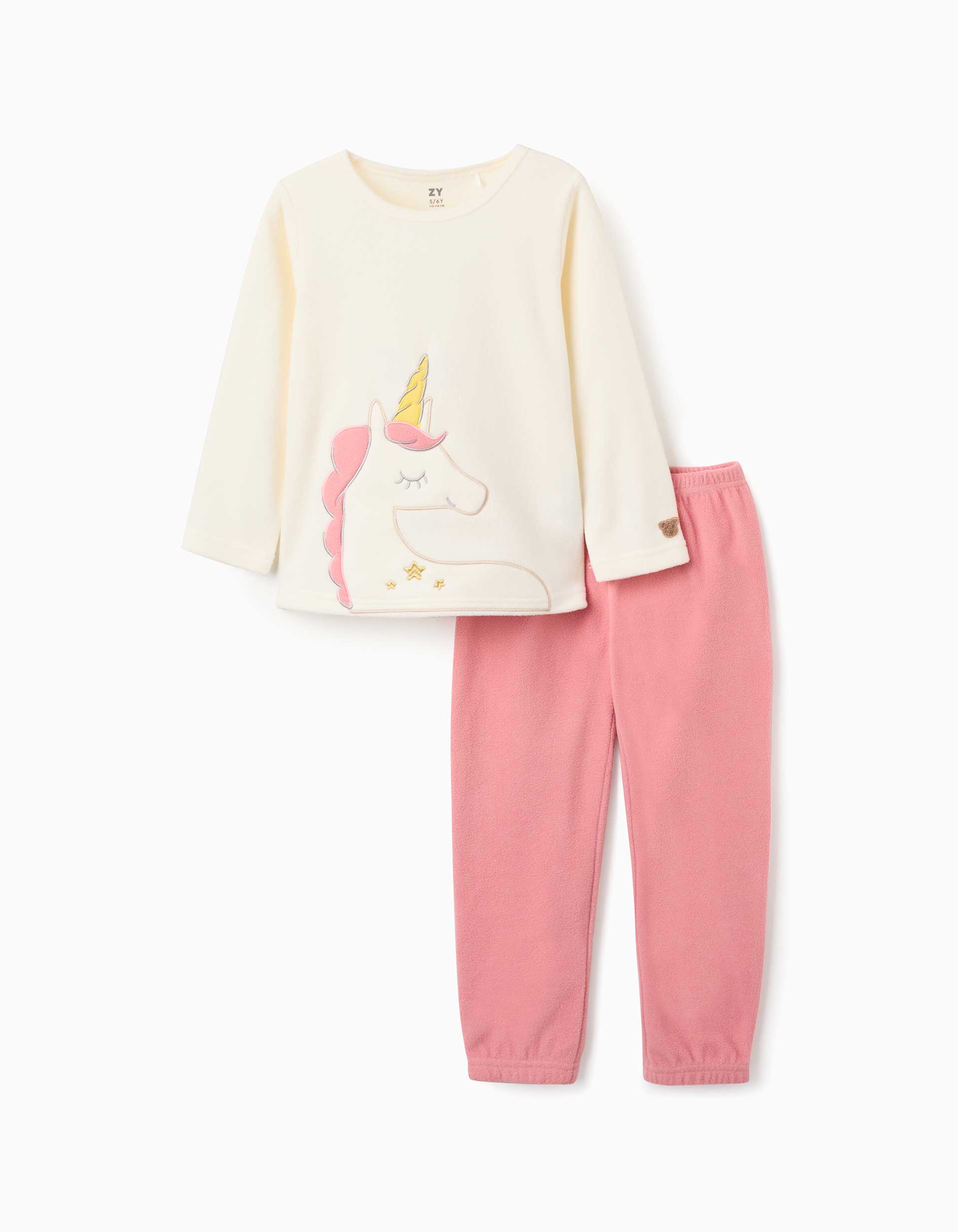 Pijama de felpa polar con unicornio bordado para niña, blanco/rosa