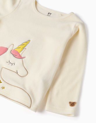 Pijama de felpa polar con unicornio bordado para niña, blanco/rosa
