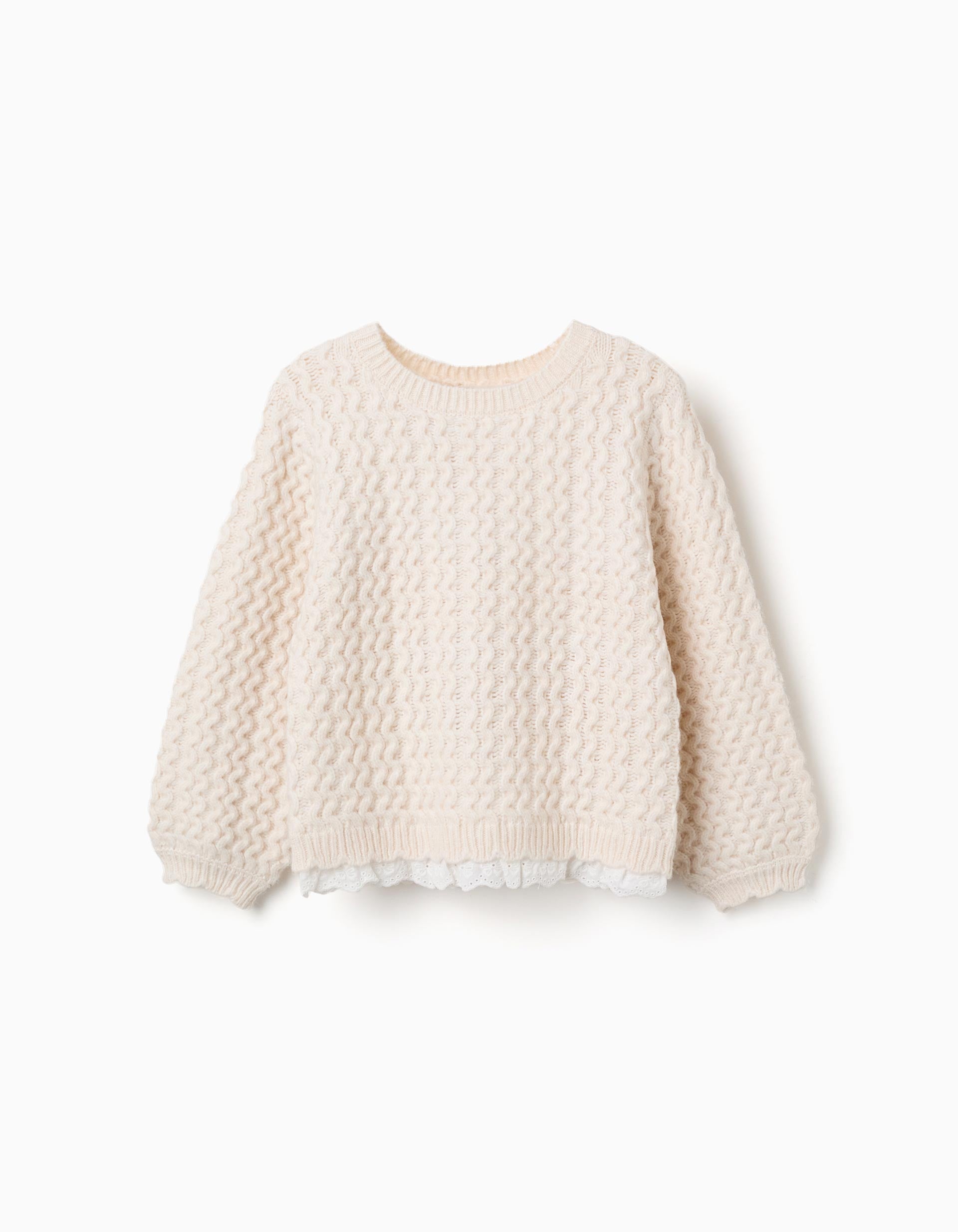 Thick knit jumper with broderie anglaise for girls, light beige