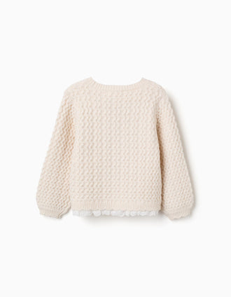 Thick knit jumper with broderie anglaise for girls, light beige