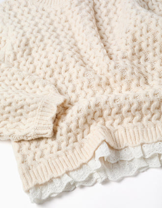 Thick knit jumper with broderie anglaise for girls, light beige