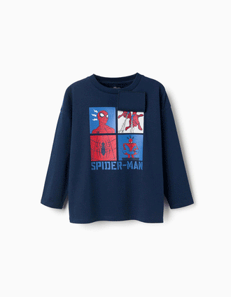 T-shirt en coton à manches longues Spider-Man pour garçon, bleu marine