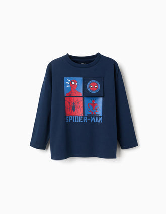 T-shirt en coton à manches longues Spider-Man pour garçon, bleu marine