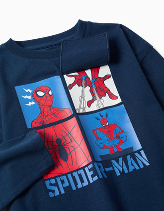 T-shirt en coton à manches longues Spider-Man pour garçon, bleu marine