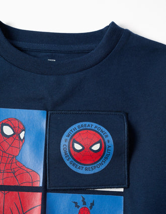 T-shirt en coton à manches longues Spider-Man pour garçon, bleu marine