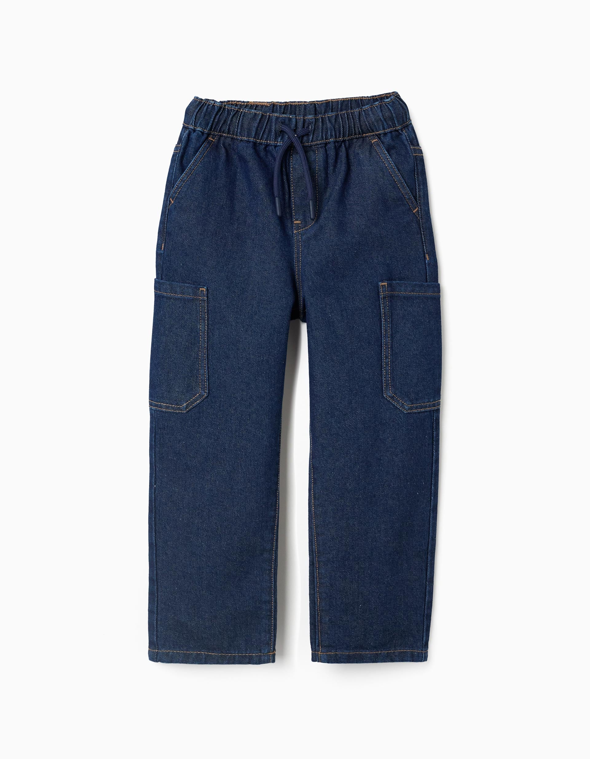Calças de ganga baggy cargo com cordão para menino, azul-escuro