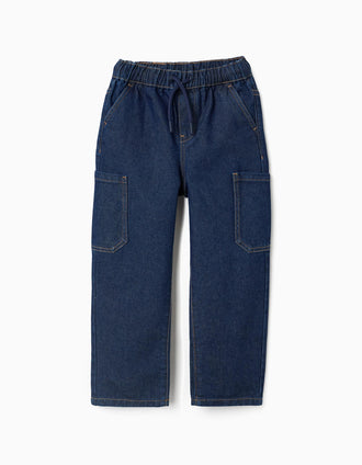 Calças de ganga baggy cargo com cordão para menino, azul-escuro