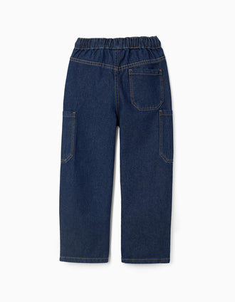 Calças de ganga baggy cargo com cordão para menino, azul-escuro