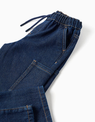 Calças de ganga baggy cargo com cordão para menino, azul-escuro