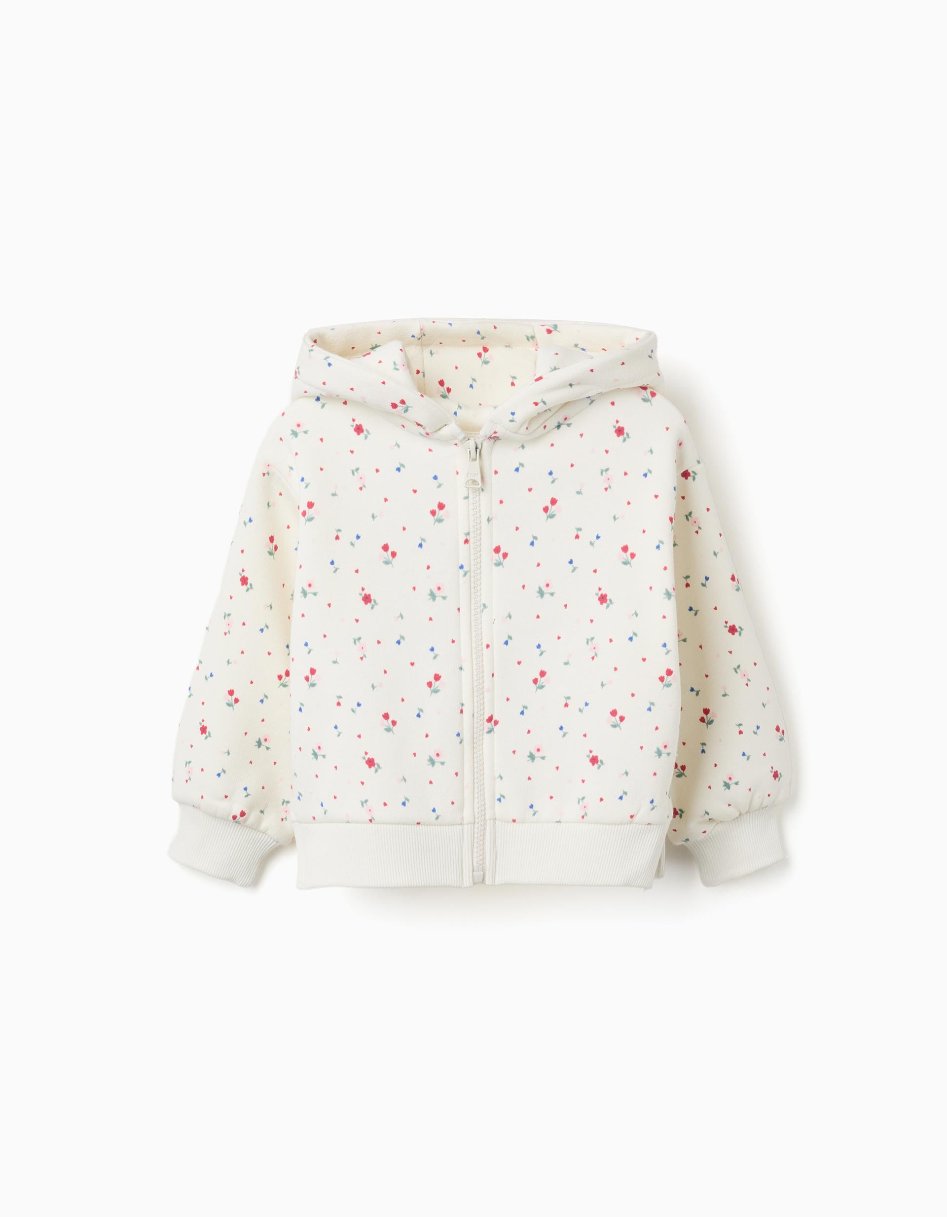 Brushed hooded jacket with floral pattern for baby girls, white