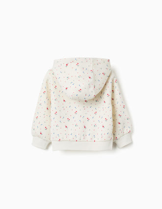 Brushed hooded jacket with floral pattern for baby girls, white