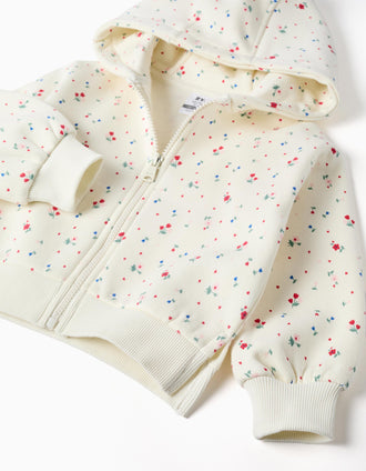 Brushed hooded jacket with floral pattern for baby girls, white