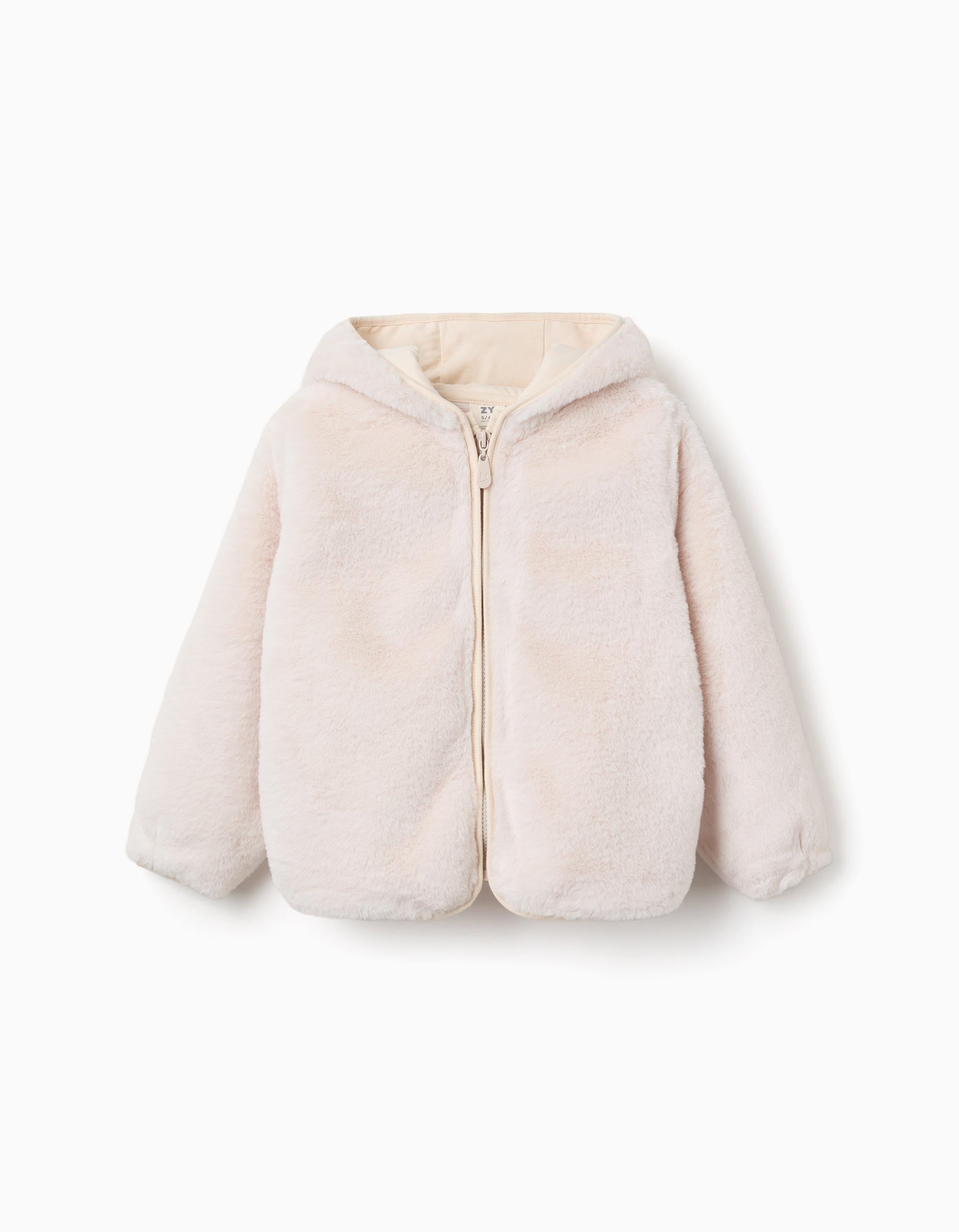 Casaco de pelo com capuz e bolsos para menina, bege-claro
