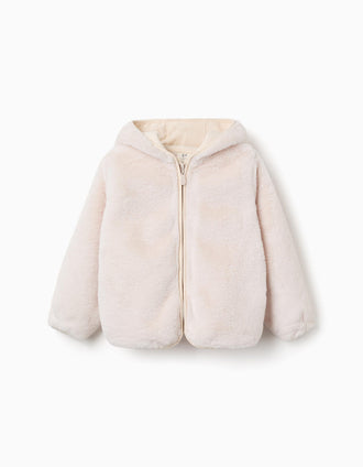Casaco de pelo com capuz e bolsos para menina, bege-claro