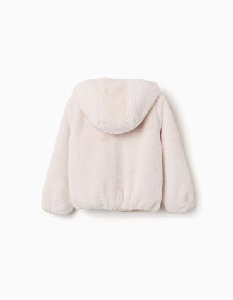 Casaco de pelo com capuz e bolsos para menina, bege-claro