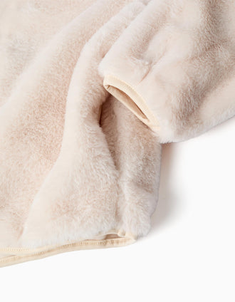 Casaco de pelo com capuz e bolsos para menina, bege-claro