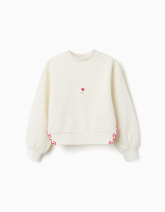Brushed sweatshirt with embroidered flower for girls, white