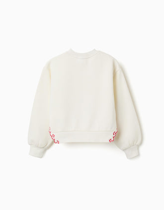 Brushed sweatshirt with embroidered flower for girls, white