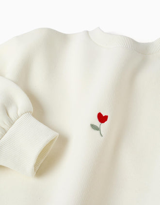 Brushed sweatshirt with embroidered flower for girls, white